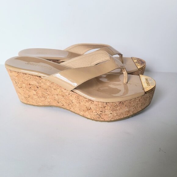 Jimmy Choo Tan Cream Patent Leather Cork Platform Thong Sandals Size EU 38 - Picture 3 of 11